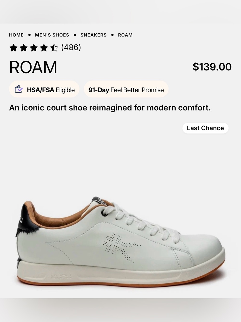 Kuru NWOT White Leather Men's Sneakers with Tan Lining